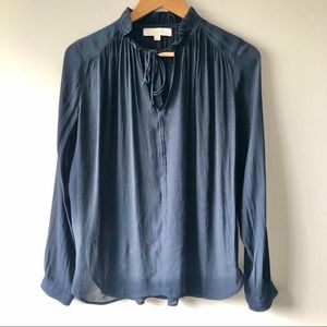 LOFT Navy Blouse Small Tie Front Button Sleeve